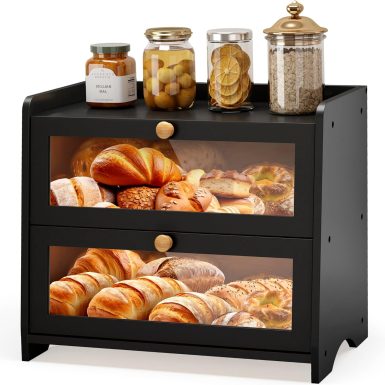 Double Layer Bread Box for Kitchen Countertop, Large Breadbox Bread with Windows, Wooden Farmhouse Bread Holder (Black)