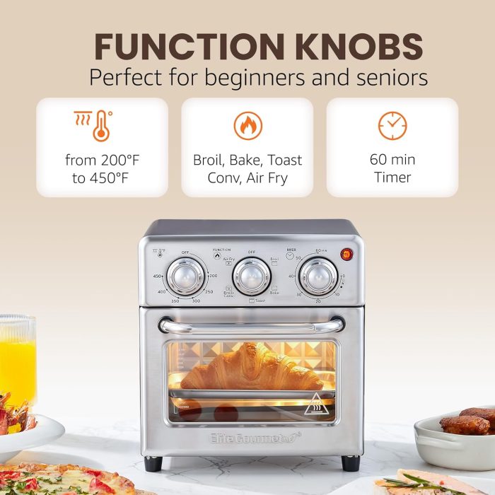 Elite Gourmet EAF0852SS 8.5Qt. Capacity Air Fryer Oven, Air Fry, Broil, Toast, Bake & Broil with Convection, Time and Temperature Controls, 800-Watts, Includes 25 Delicious Recipes, Stainless Steel - Image 2