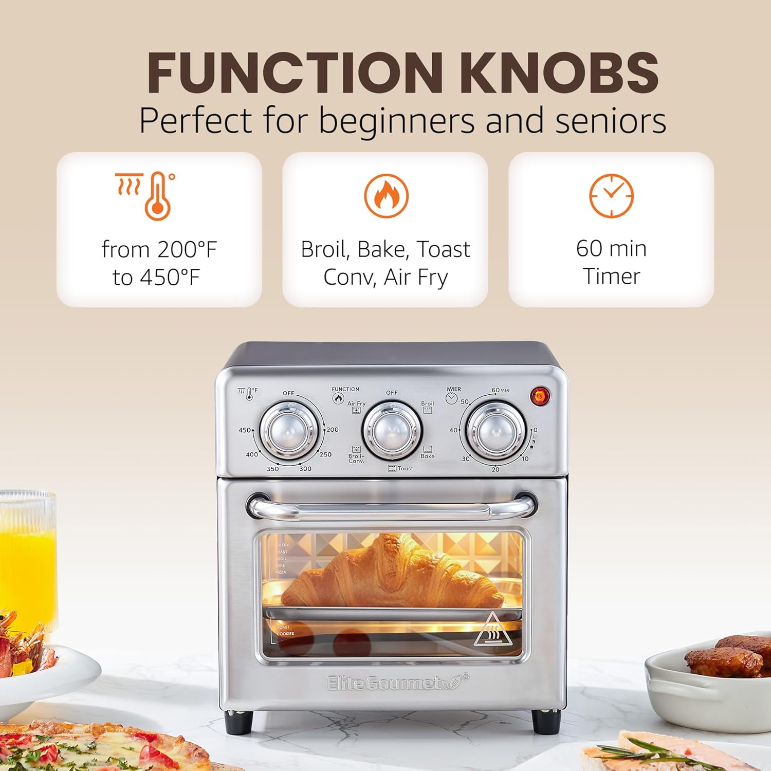 Elite Gourmet EAF0852SS 8.5Qt. Capacity Air Fryer Oven, Air Fry, Broil, Toast, Bake & Broil with Convection, Time and Temperature Controls, 800-Watts, Includes 25 Delicious Recipes, Stainless Steel - Image 2