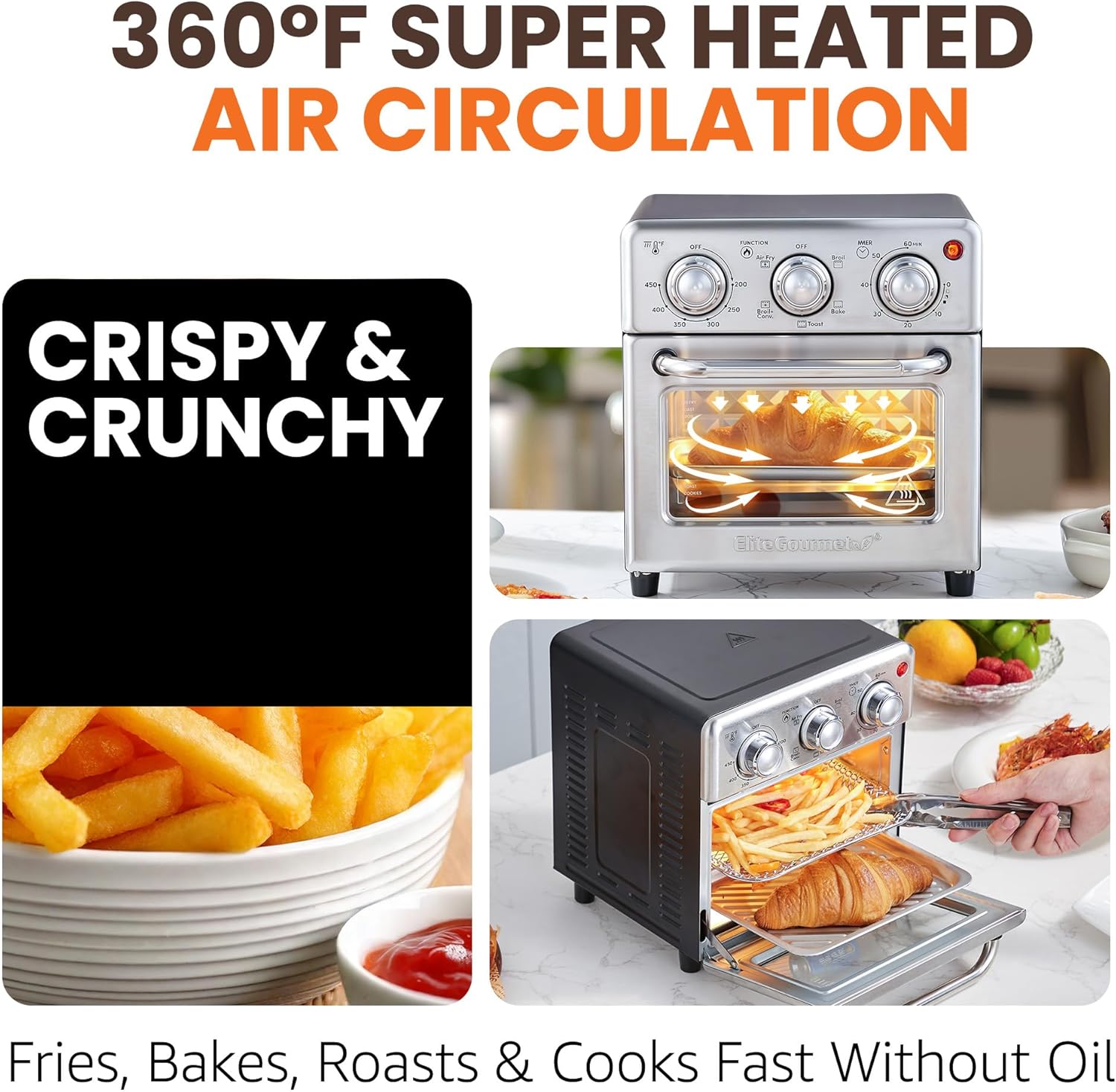 Elite Gourmet EAF0852SS 8.5Qt. Capacity Air Fryer Oven, Air Fry, Broil, Toast, Bake & Broil with Convection, Time and Temperature Controls, 800-Watts, Includes 25 Delicious Recipes, Stainless Steel - Image 3