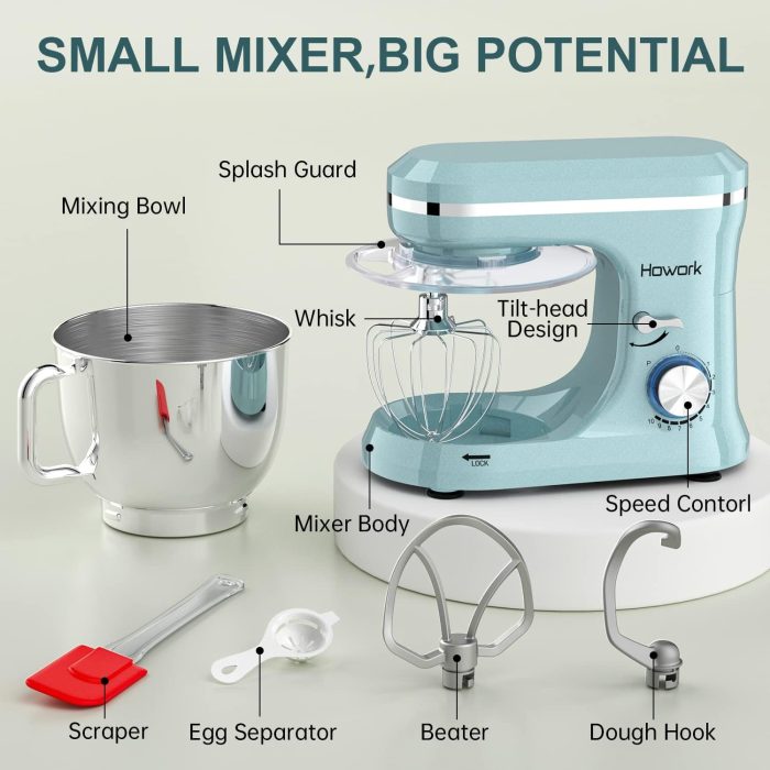 HOWORK Electric Stand Mixer,10+p Speeds With 6.5QT Stainless Steel Bowl,Dough Hook, Wire Whip & Beater,for Most Home Cooks,Blue - Image 2