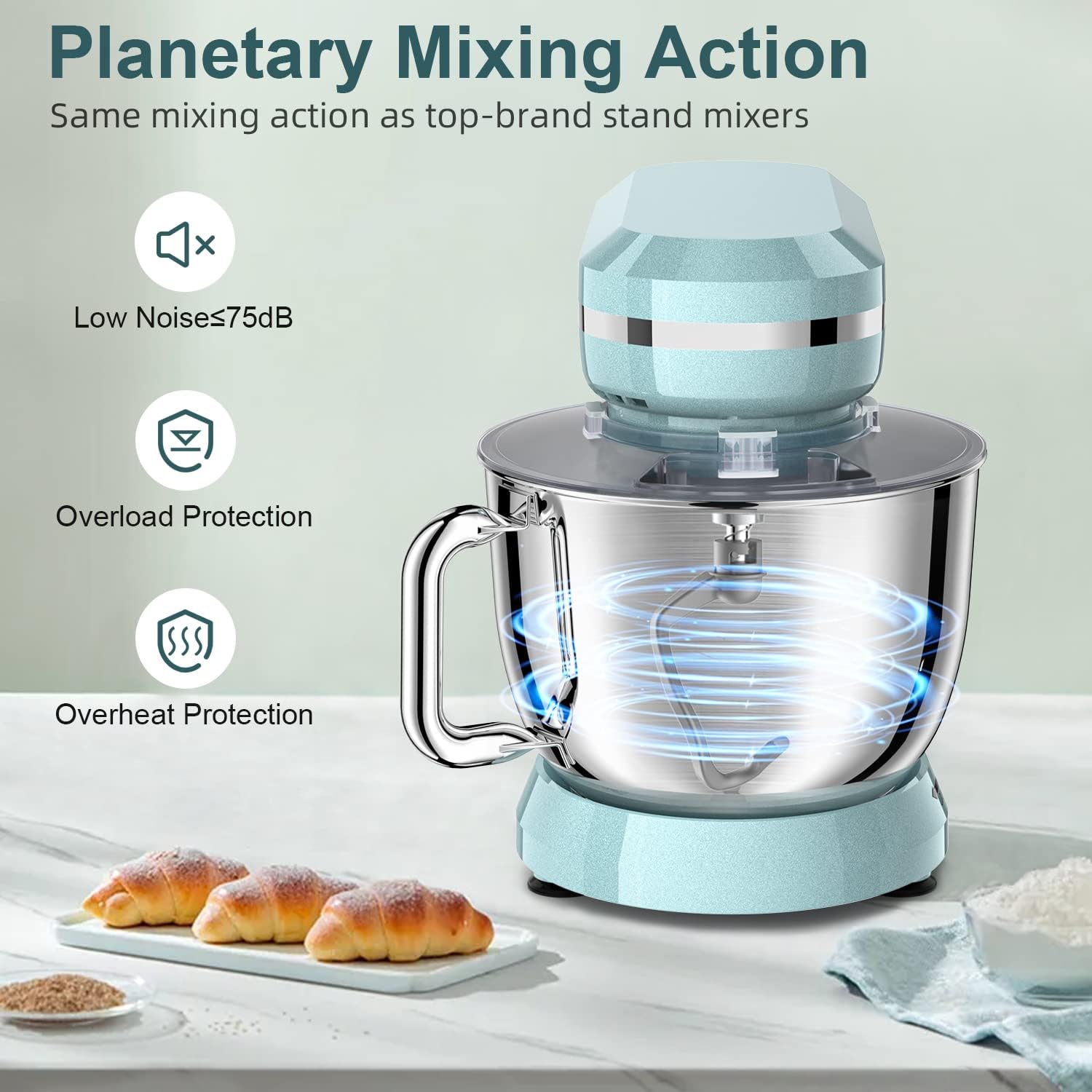 HOWORK Electric Stand Mixer,10+p Speeds With 6.5QT Stainless Steel Bowl,Dough Hook, Wire Whip & Beater,for Most Home Cooks,Blue - Image 3
