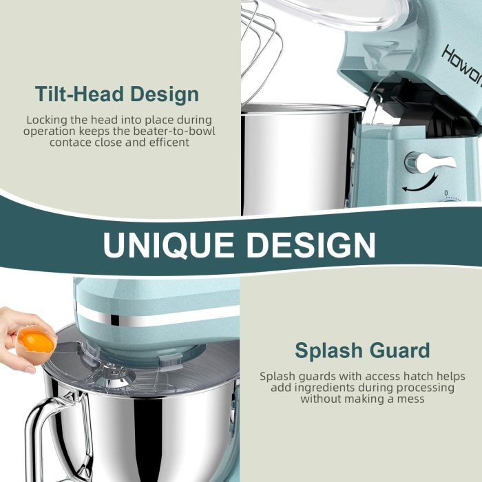HOWORK Electric Stand Mixer,10+p Speeds With 6.5QT Stainless Steel Bowl,Dough Hook, Wire Whip & Beater,for Most Home Cooks,Blue - Image 4