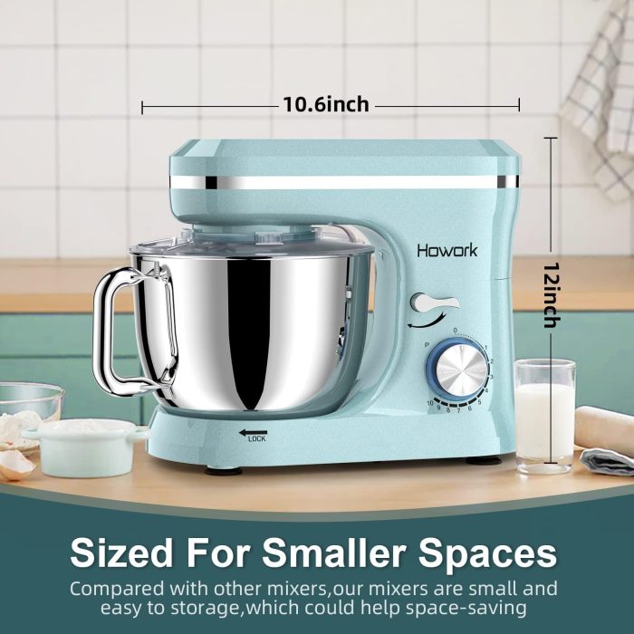 HOWORK Electric Stand Mixer,10+p Speeds With 6.5QT Stainless Steel Bowl,Dough Hook, Wire Whip & Beater,for Most Home Cooks,Blue - Image 5