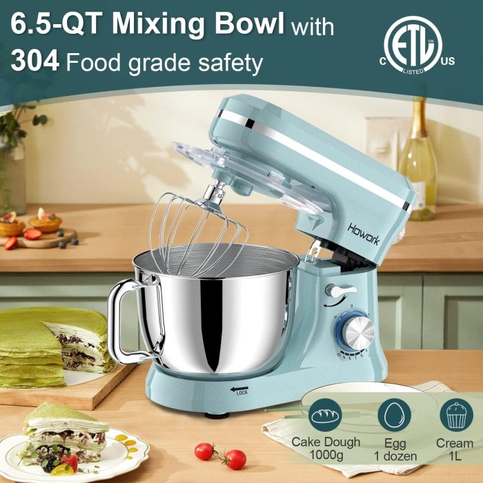 HOWORK Electric Stand Mixer,10+p Speeds With 6.5QT Stainless Steel Bowl,Dough Hook, Wire Whip & Beater,for Most Home Cooks,Blue - Image 6