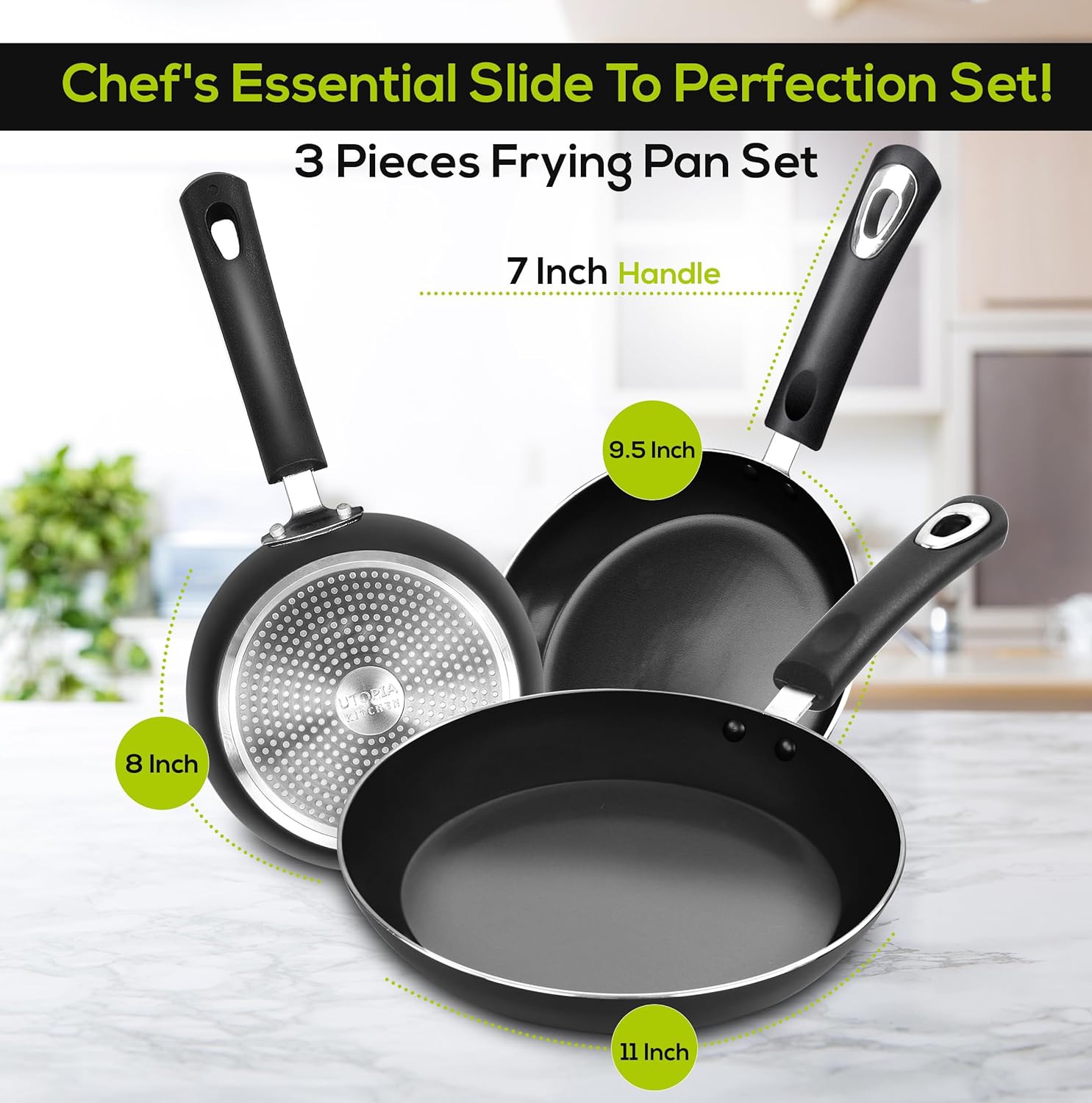 Utopia Kitchen Nonstick Cookware 3 Piece Omelette Pan Skillet Set, Nonstick Frying Pans with Induction Bottom, 8, 9.5 & 11 Inches Frying Pans with Bakelite Handles, PFOA Free, Grey - Image 4